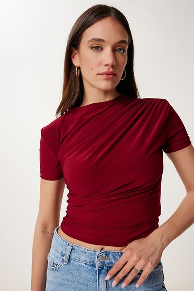 Happiness İstanbul Burgunderrote geraffte Sandy-Strickbluse für Damen FF00172
