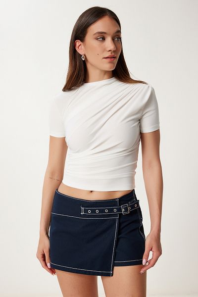 Happiness İstanbul Ecru geraffte Sandy-Strickbluse für Damen FF00172