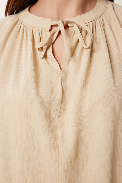 Happiness İstanbul Dámská béžová vyšívaná plátěná halenka DD01350