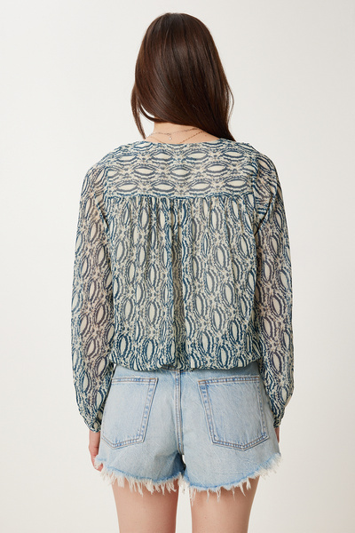 Happiness İstanbul Γυναικεία καλοκαιρινή μπλούζα σιφόν με πράσινο σχέδιο V λαιμόκοψης NS00419