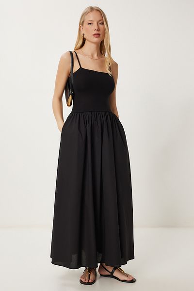Happiness İstanbul Schwarzes, dehnbares Strickoberteil für Damen mit Popeline-Rock DZ00126