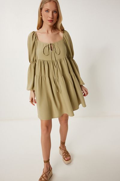 Happiness İstanbul Women's Olive Green Flounced Summer Linen Dress Fk00028