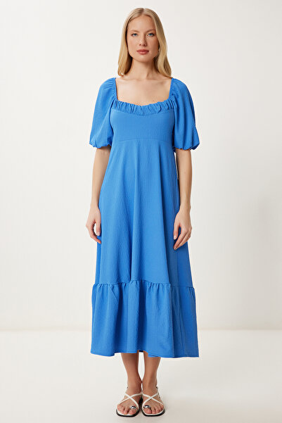 Happiness İstanbul Kadın Mavi Volanlı Yazlık Krinkıl Örme Elbise FK00014