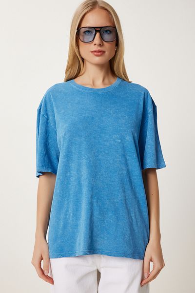 Happiness İstanbul Blaues, gewaschenes Basic-Strick-T-Shirt für Damen AN00258