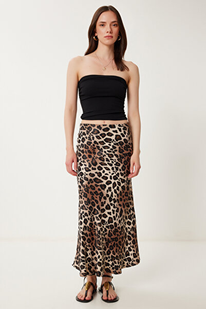 Happiness İstanbul Women's Brown Beige Patterned Satin Midi Skirt Us00995