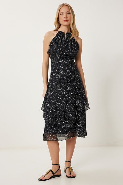 Happiness İstanbul Women's Black Bone Pattern Flounced Summer Chiffon Dress Fg00025