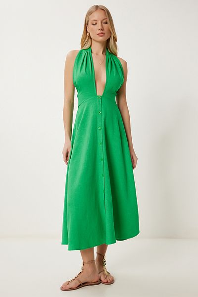 Happiness İstanbul Women's Green Halter Neck Summer Linen Dress Fk00020