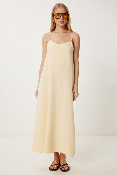 Happiness İstanbul Women's Yellow Linen Blend Strap Summer Dress Hf00474