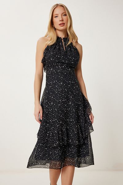 Happiness İstanbul Women's Black Bone Pattern Flounced Summer Chiffon Dress Fg00025