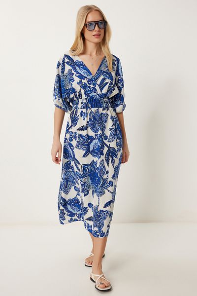 Happiness İstanbul Women's Blue Cream Wrap Collar Patterned Linen Blend Dress Zv00312