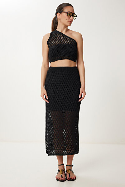 Happiness İstanbul Women's Black Openwork Slightly Transparent Summer Knitwear Suit Nf00086