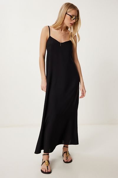 Happiness İstanbul Women's Black Strap Summer Long Viscose Dress Fg00024