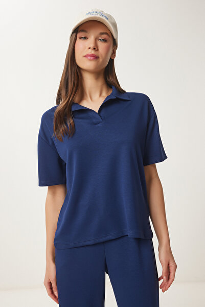 Happiness İstanbul Women's Navy Blue Polo Neck Knitted Bottom-Top Suit An00231