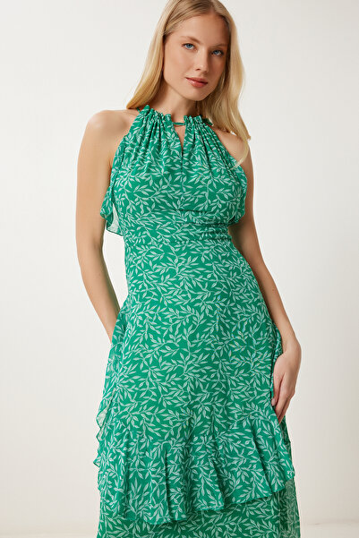Happiness İstanbul Γυναικείο φόρεμα με πράσινο σχέδιο με βολάν καλοκαιρινό σιφόν FG00025