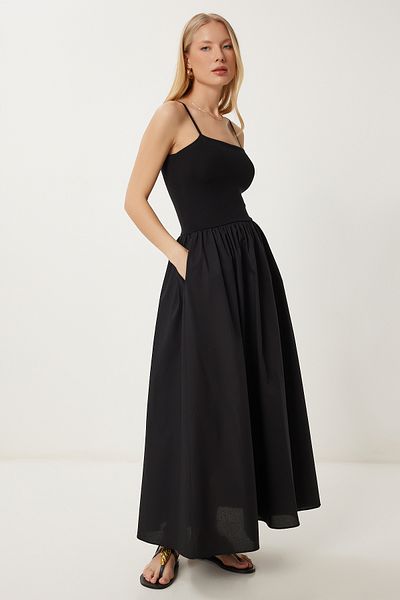 Happiness İstanbul Schwarzes, dehnbares Strickoberteil für Damen mit Popeline-Rock DZ00126