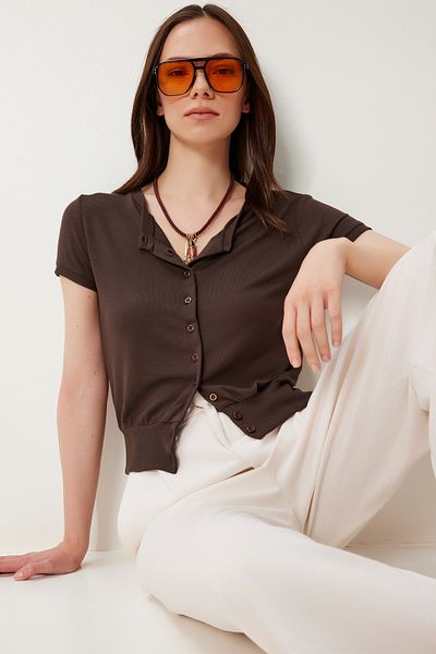 Happiness İstanbul Braune saisonale Strickbluse mit V-Ausschnitt für Damen UB00386