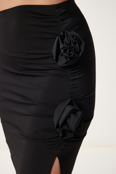Happiness İstanbul Női fekete rózsa részletes hasított homokos szoknya US00989