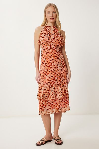 Happiness İstanbul Women's Tile Bone Pattern Flounced Summer Chiffon Dress Fg00025