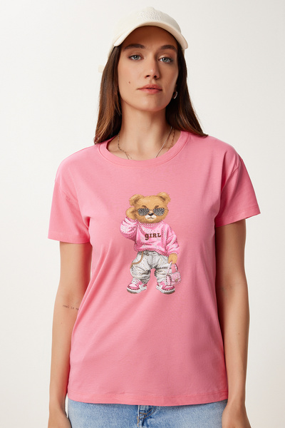 Happiness İstanbul Γυναικείο πλεκτό μπλουζάκι με ροζ πέτρα με λεπτομέρεια αρκουδάκι με στάμπα BW00001