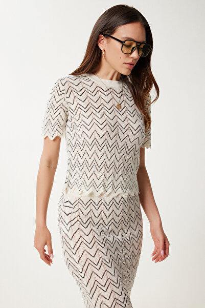 Happiness İstanbul Women's Bone Black Patterned Summer Transparent Knitwear Suit Us00987