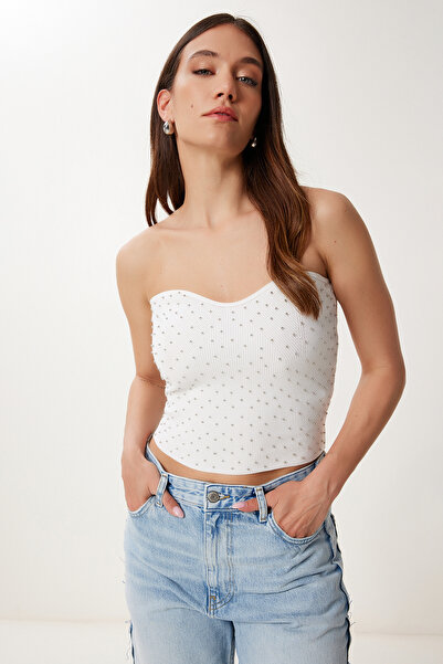 Happiness İstanbul Women's Ecru Bead Detailed Strapless Ribbed Knitted Blouse Us00971