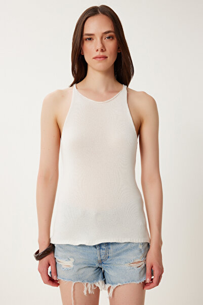 Happiness İstanbul Women's Ecru Strappy Summer Mercerized Knitwear Blouse Ns00418