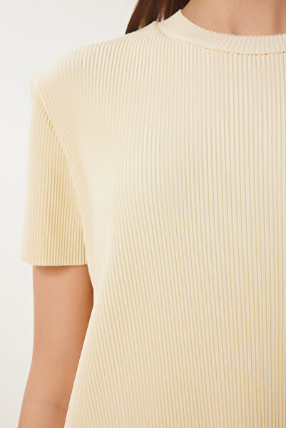 Happiness İstanbul Bluzka damska w kolorze żółtym, prążkowana, dzianinowa HF00468