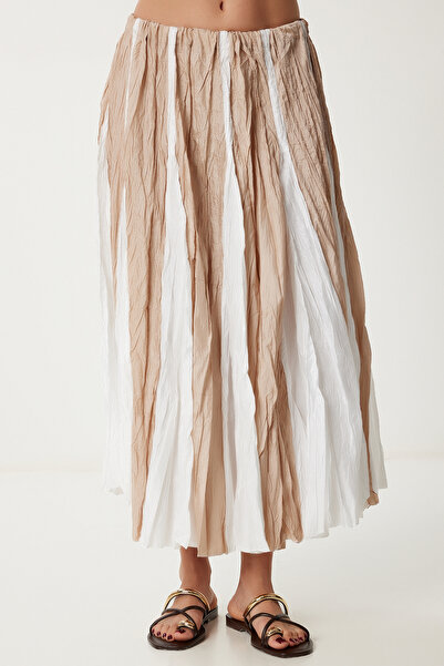 Happiness İstanbul Kadın Bej Kırışık Efektli Yazlık Paraşüt Etek US00970