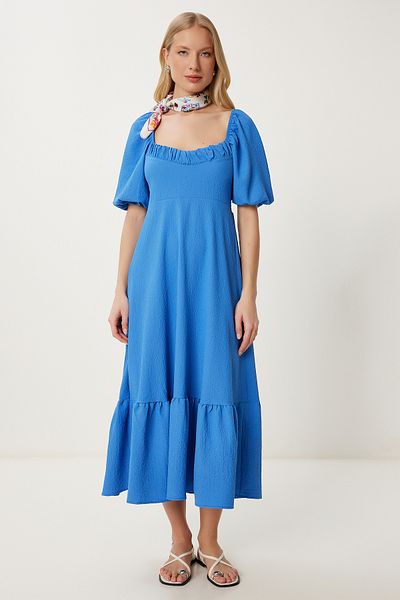 Happiness İstanbul Rochie de damă albastră cu volan de vară tricotată FK00014