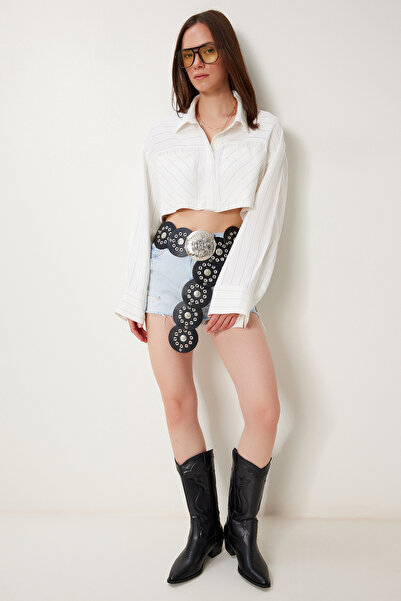 Happiness İstanbul Women's Ecru Striped Viscose Crop Shirt Ns00421