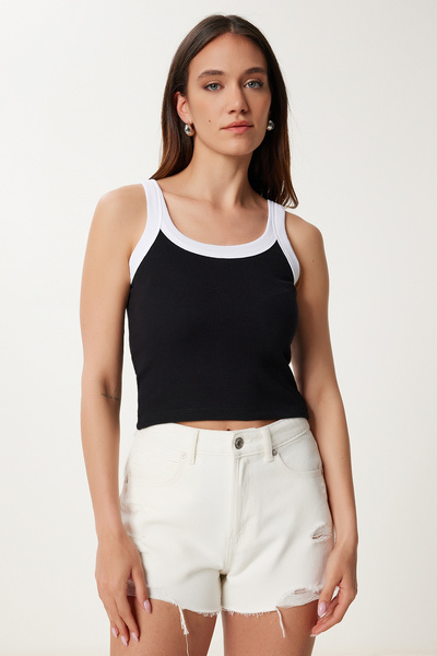 Happiness İstanbul Women's Black Contrast Colored Thick Strap Ribbed Undershirt Us00972