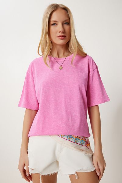 Happiness İstanbul Women's Pink Washed Basic Knitted T-Shirt An00258