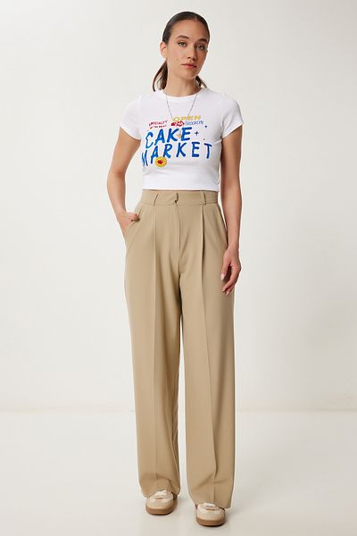 Happiness İstanbul Cremefarbene, plissierte, gewebte Palazzo-Hose für Damen US00978