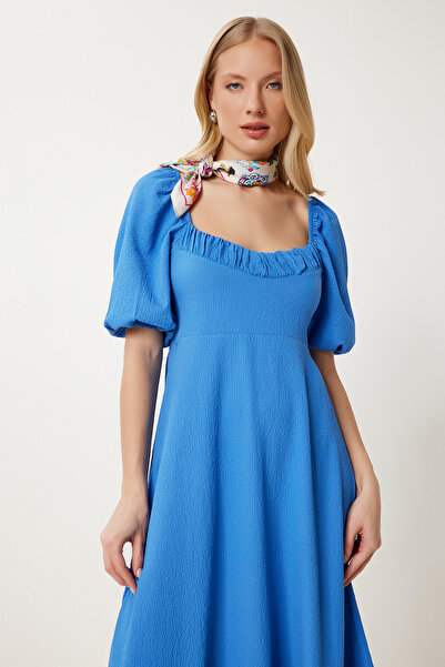 Happiness İstanbul Kadın Mavi Volanlı Yazlık Krinkıl Örme Elbise FK00014