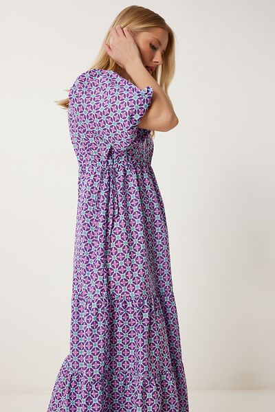 Happiness İstanbul Women's Purple Wrap Collar Patterned Woven Dress Fk00016