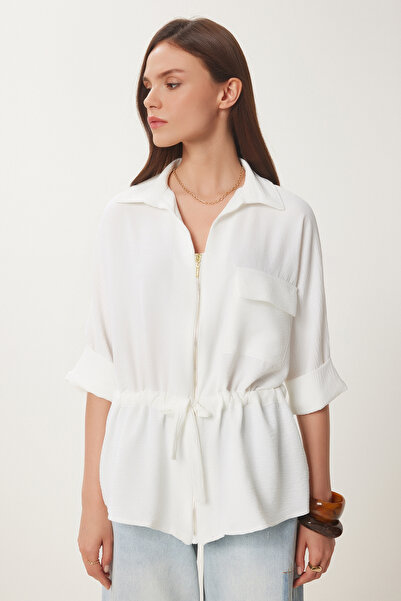 Happiness İstanbul Women's Bone Gathered Zippered Crinkle Jacket Dd01349