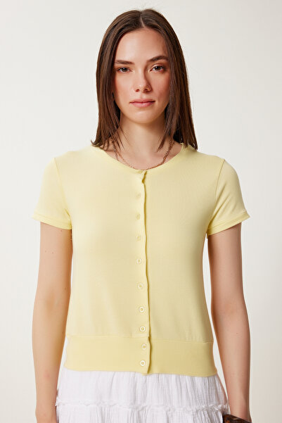 Happiness İstanbul Żółta bluzka damska z dekoltem w serek, sezonowa, dzianinowa UB00386