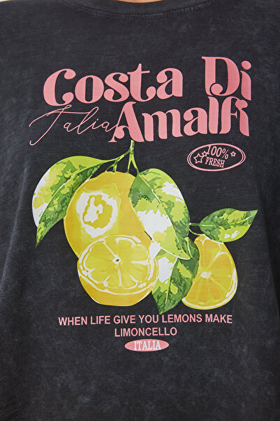 Happiness İstanbul Dámské antracitové potištěné prané pletené tričko AN00237