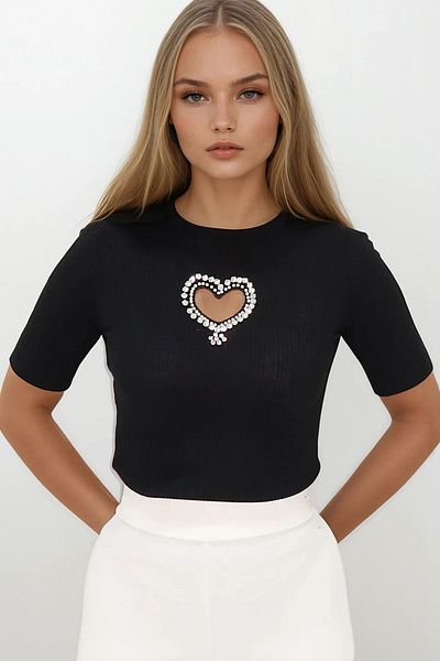 Trend Alaçatı Stili Women's Black Crew Neck Stone Embroidered Camisole Blouse Alc-X14177