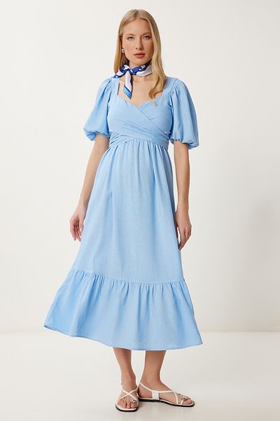 Happiness İstanbul Rochie de vară din in pentru femei, albastru deschis, cu detaliu de șireturi FK00021