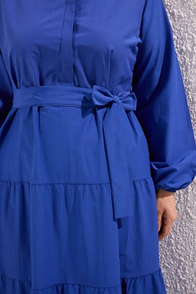 Trendyol Modest Plus Size Saks Belted Judge Collar Cotton Woven Dress Tctss25Eb00150