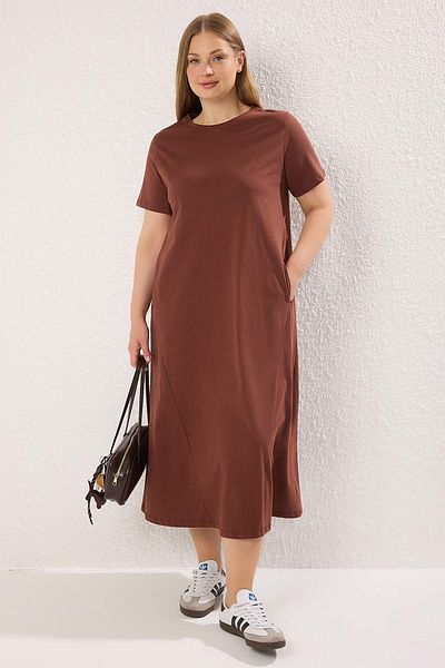 Trendyol Curve Brązowa sukienka midi z dzianiny bawełnianej 100% TBBSS24AH00067