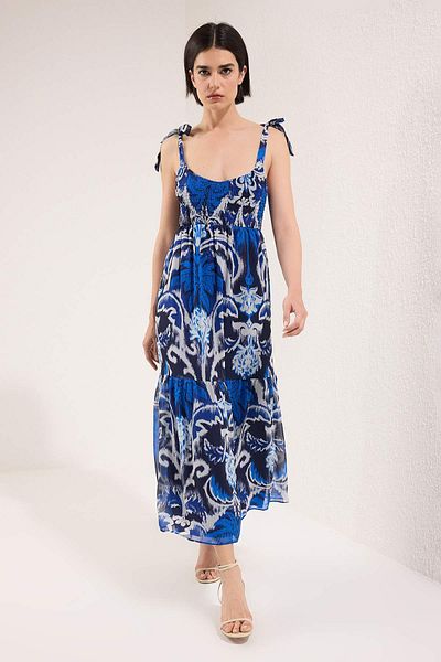 Trendyol Collection Navy Blue Paisley Pattern Skirt Waist Opening Gipeli Maxi Woven Dress Twoss25El00710