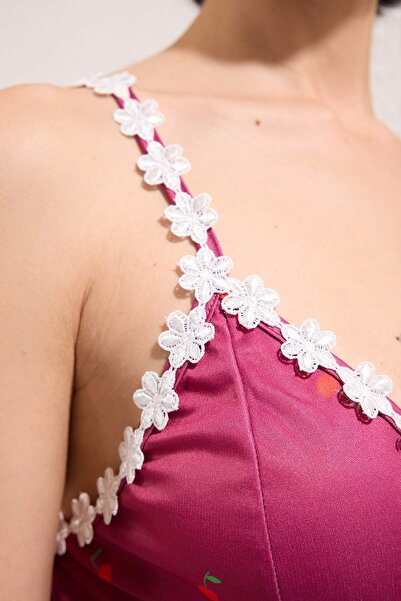 Trendyol Collection Burgundy Floral and Cherry Knitted Nightgown Thmss25Gc00024