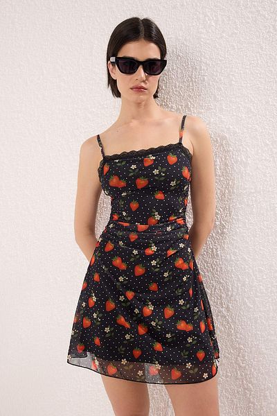Trendyol Collection Multicolor Strawberry Printed Tulle Ruffle Short / Mini Stretchy Knitted Dress Twoss25El00841