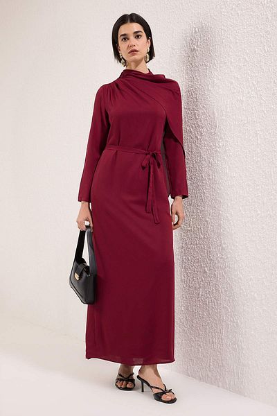 Trendyol Modest Burgundy Cape Detailed Woven Evening Dress Tctss25Db00023