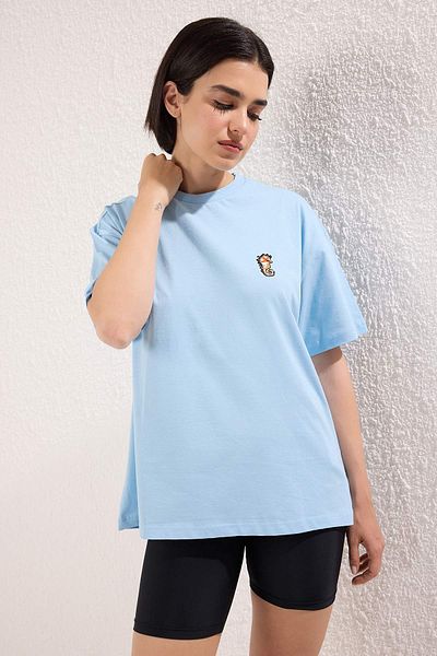 Trendyol Collection Light Blue 100% Cotton Embroidered Oversize/Wide Fit Crew Neck Knitted T-Shirt Twoss24Ts00102