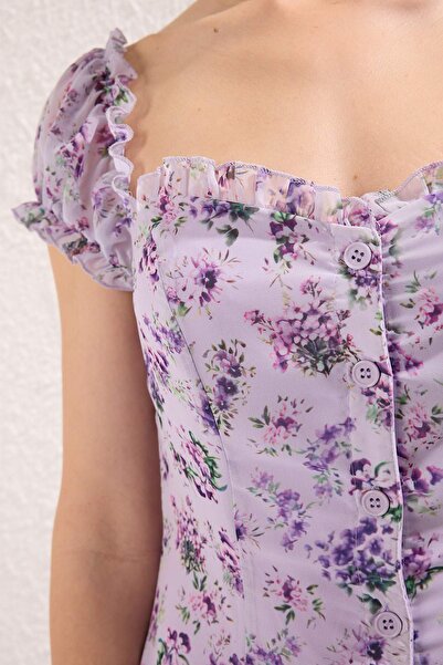 Trendyol Collection Lilac Floral Lined Chiffon Flight Flight Woven Midi Shirt Dress Twoss25El00563