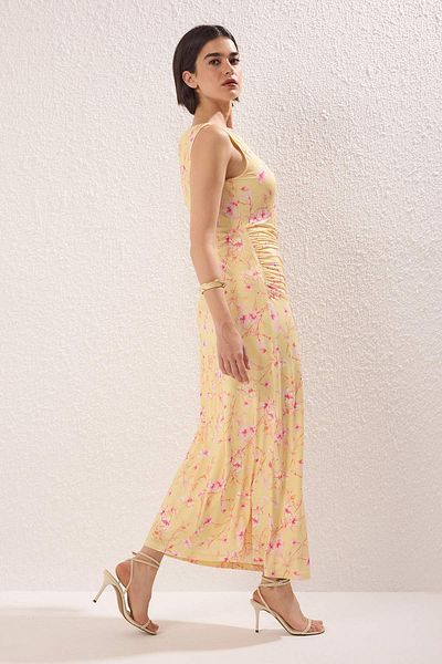 Trendyol Collection Orange Flower Printed Bright Surface Boat Rock Body-Hugging Stretchy Knitted Pencil Dress Twoss24El00528