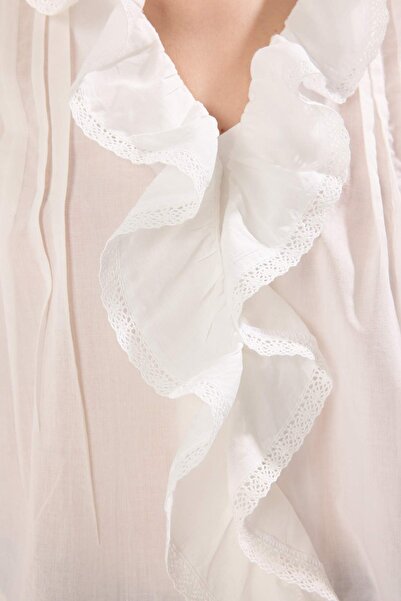 Trendyol Collection White Ruffle Detailed V-Neck Shirt Twoss25Go00164